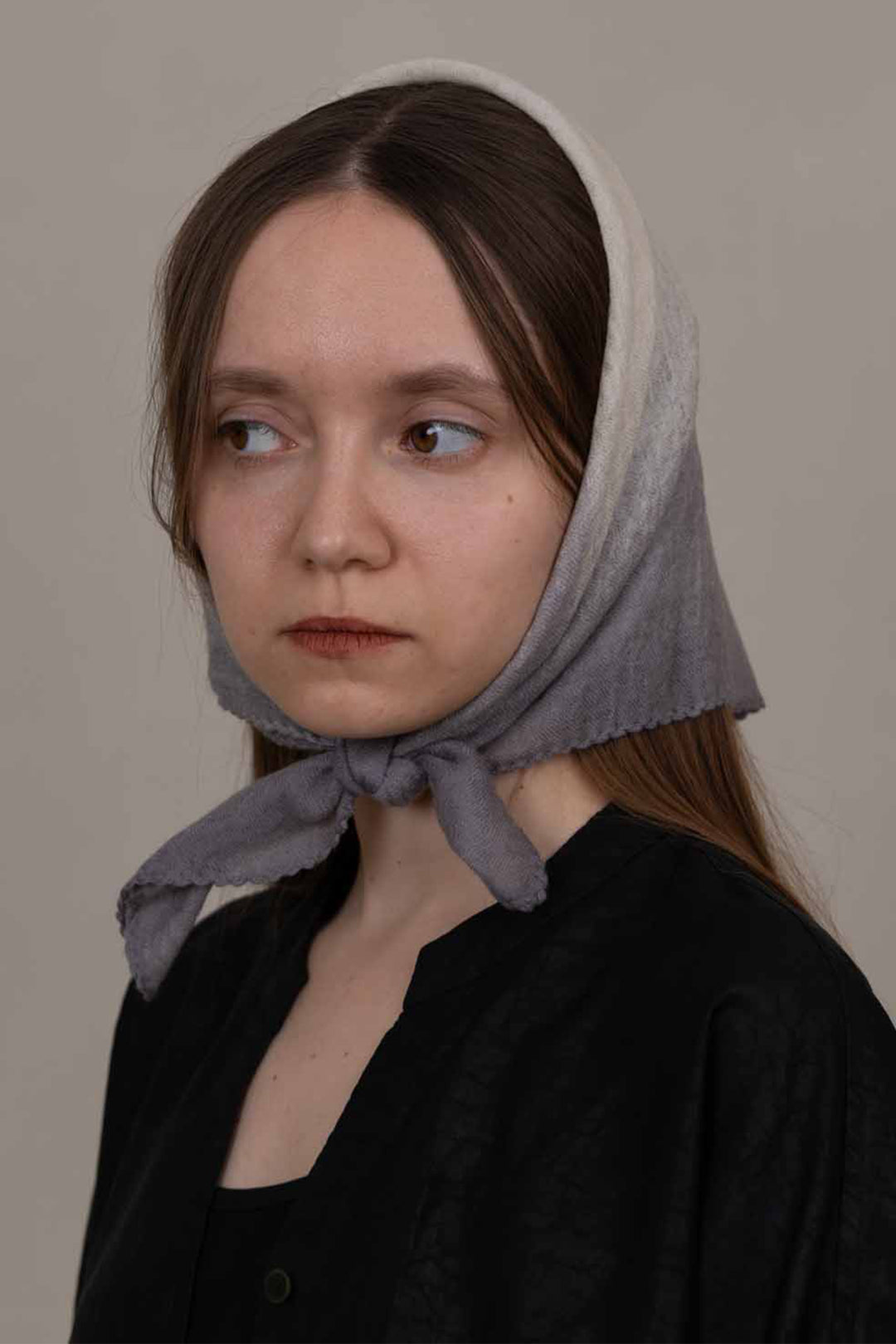 Oats &amp; Rice Muse Grey Cashmere Foulard Scarf OR26-WNS03, worn as a headscarf