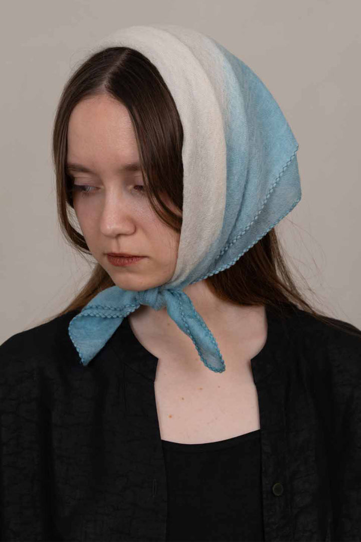 Oats &amp; Rice Muse Mint Blue Cashmere Foulard Scarf OR26-WNS03, worn as a headscarf