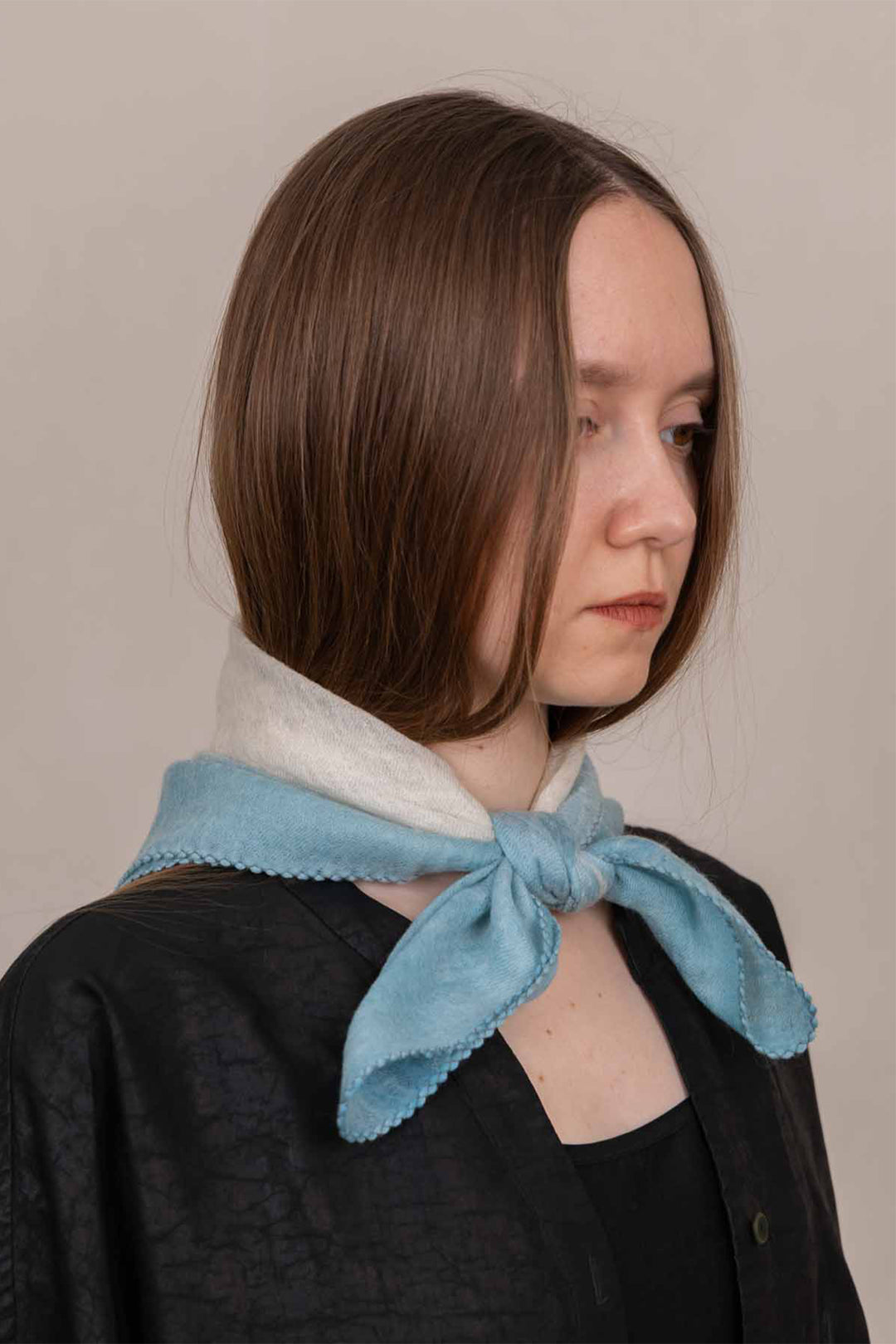 Oats &amp; Rice Muse Mint Blue Cashmere Foulard Scarf OR26-WNS03, worn at the neck, front view
