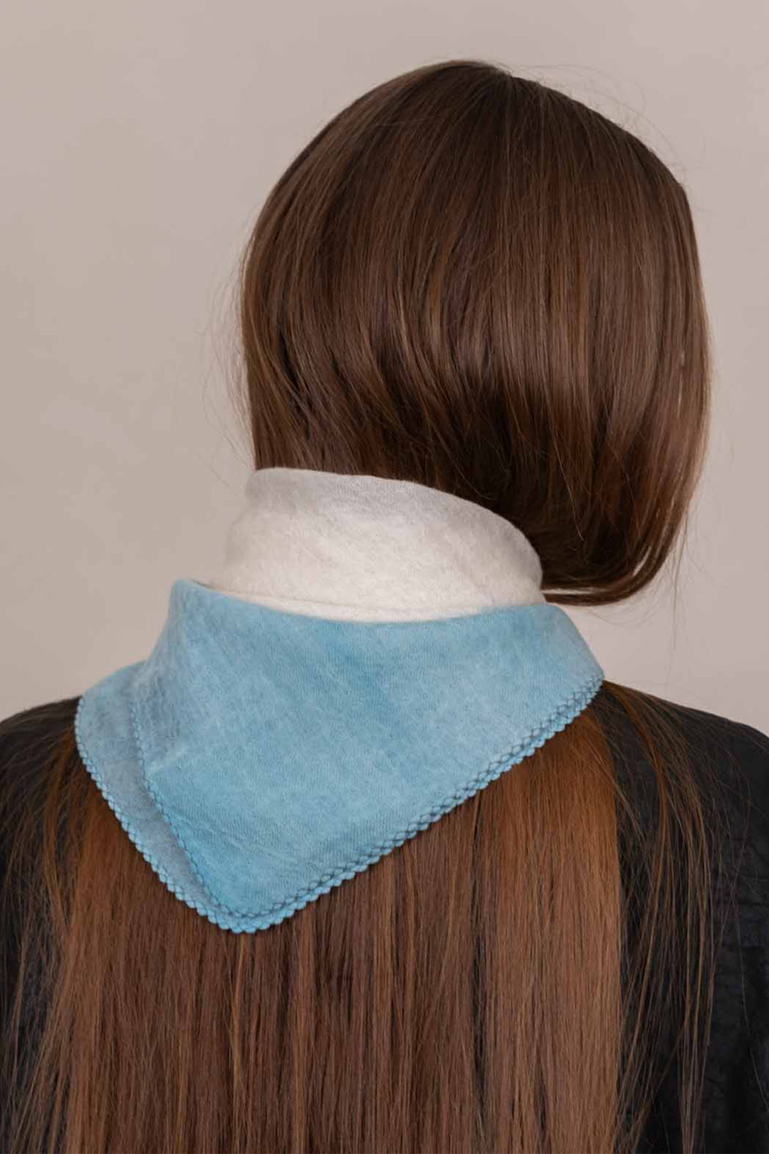 Oats &amp; Rice Muse Mint Blue Cashmere Foulard Scarf OR26-WNS03, worn at the neck, back view