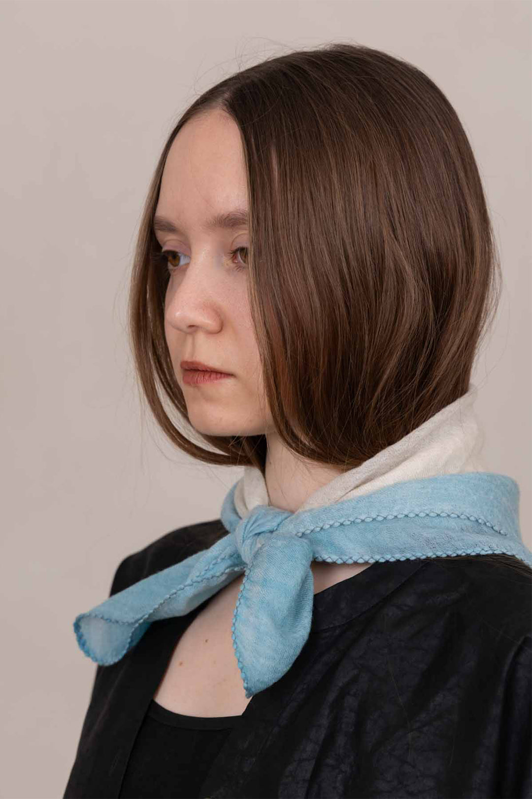 Oats &amp; Rice Muse Mint Blue Cashmere Foulard Scarf OR26-WNS03, worn at the neck, side view