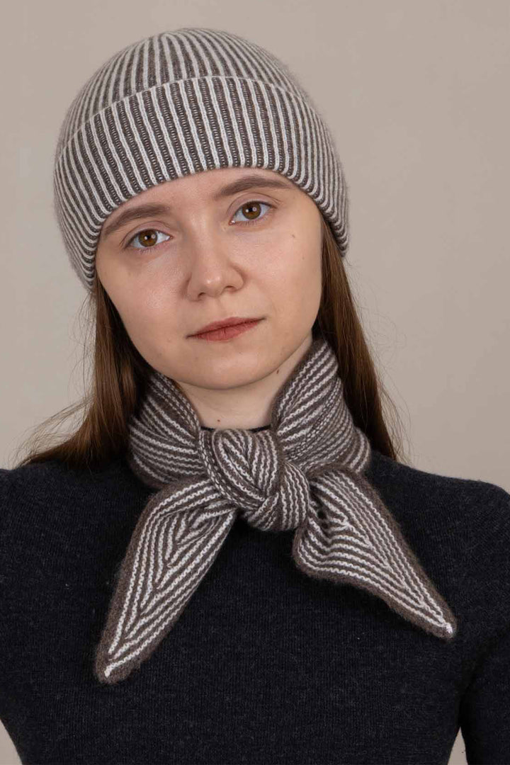 Oats &amp; Rice Sailor Brown Cashmere Scarf OR25-NS03, worn, front view