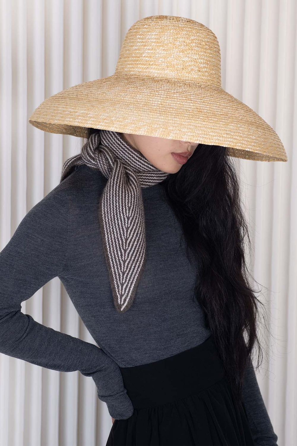 Oats & Rice Sailor Brown Cashmere Scarf OR25-NS03, worn, three-quarter view