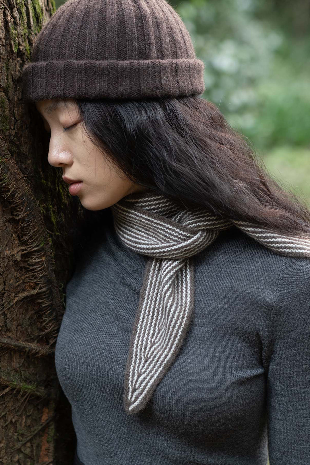 Oats &amp; Rice Sailor Brown Cashmere Scarf OR25-NS03, styled outdoors