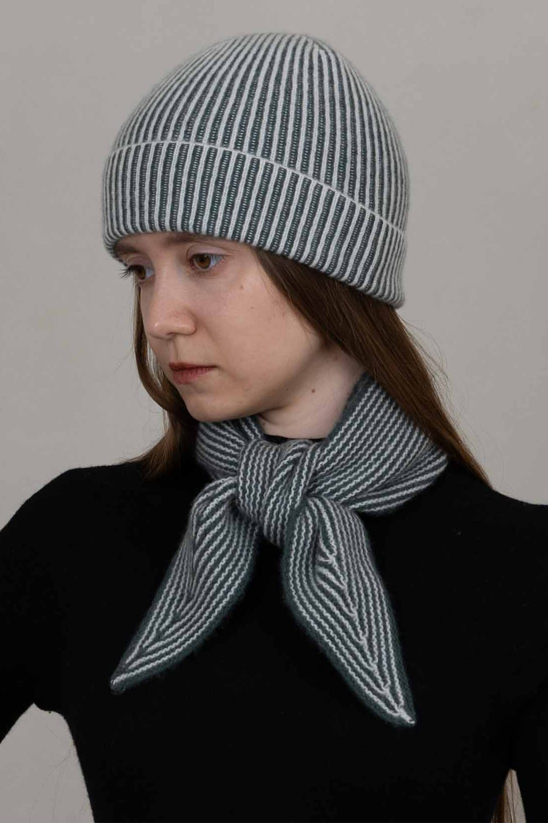 Oats &amp; Rice Sailor Green Cashmere Scarf OR25-NS03, worn, front view