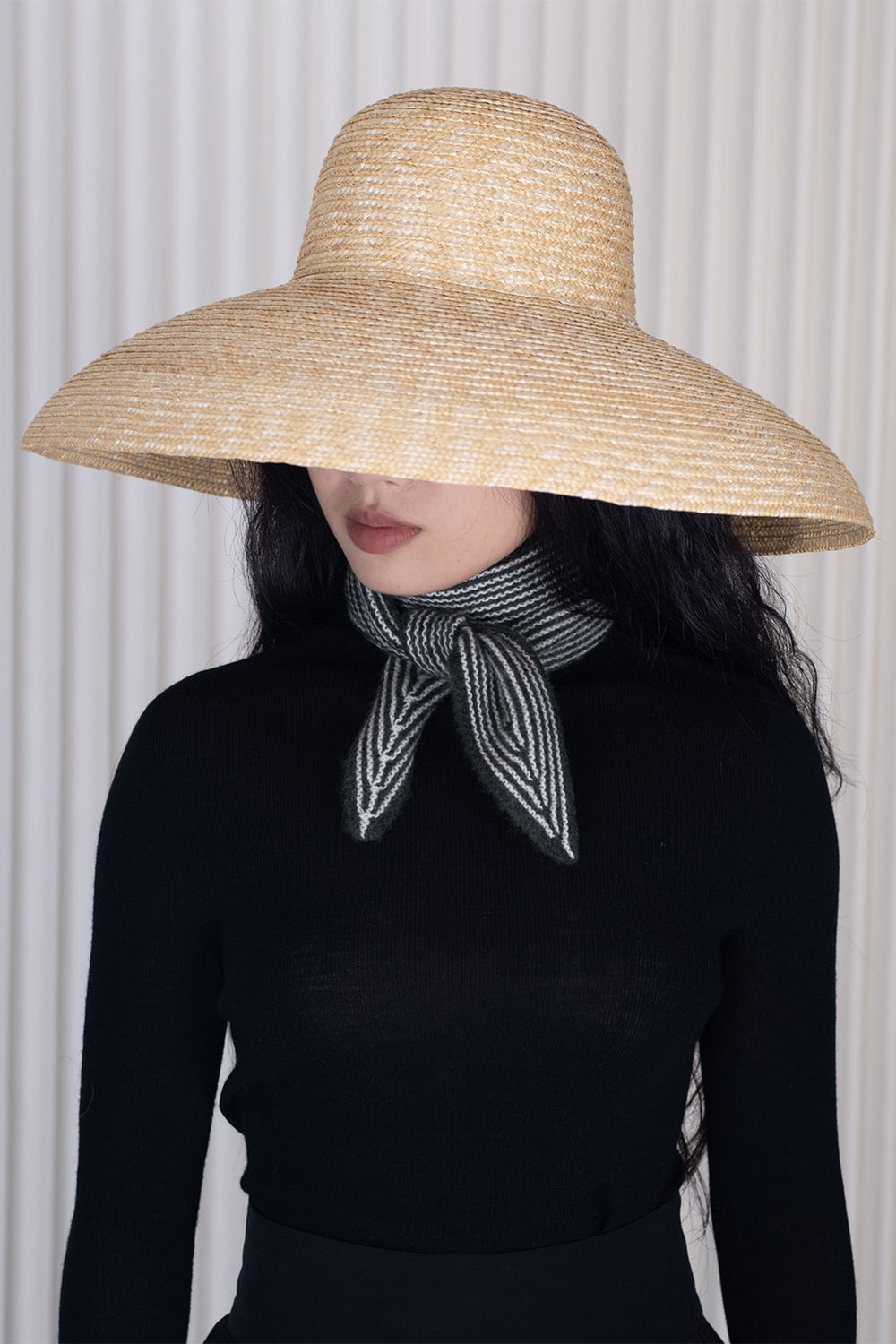 Oats & Rice Sailor Green Cashmere Scarf OR25-NS03, worn with a straw hat