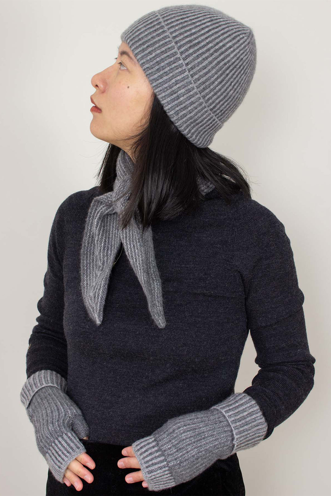 Oats &amp; Rice Sailor Grey Cashmere Scarf OR25-NS03, worn, front view