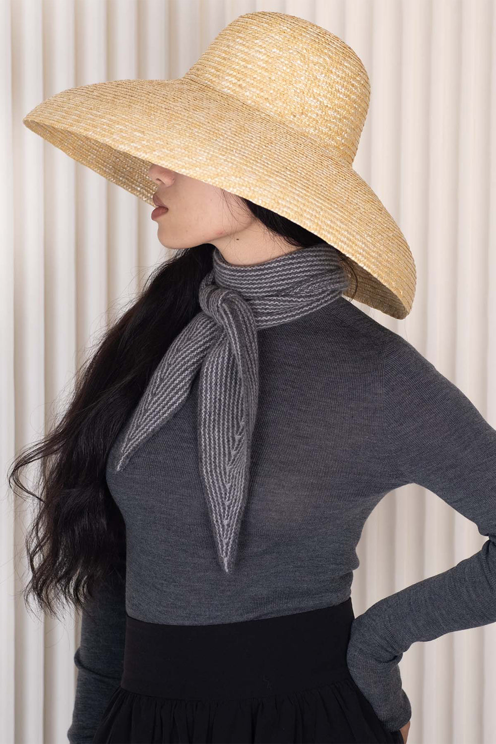 Oats & Rice Sailor Grey Cashmere Scarf OR25-NS03, worn, three-quarter view