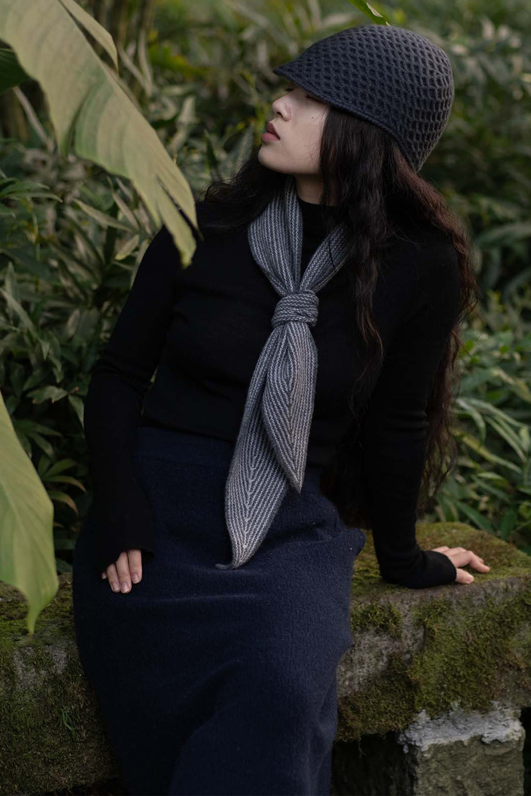 Oats &amp; Rice Sailor Grey Cashmere Scarf OR25-NS03, styled outdoors