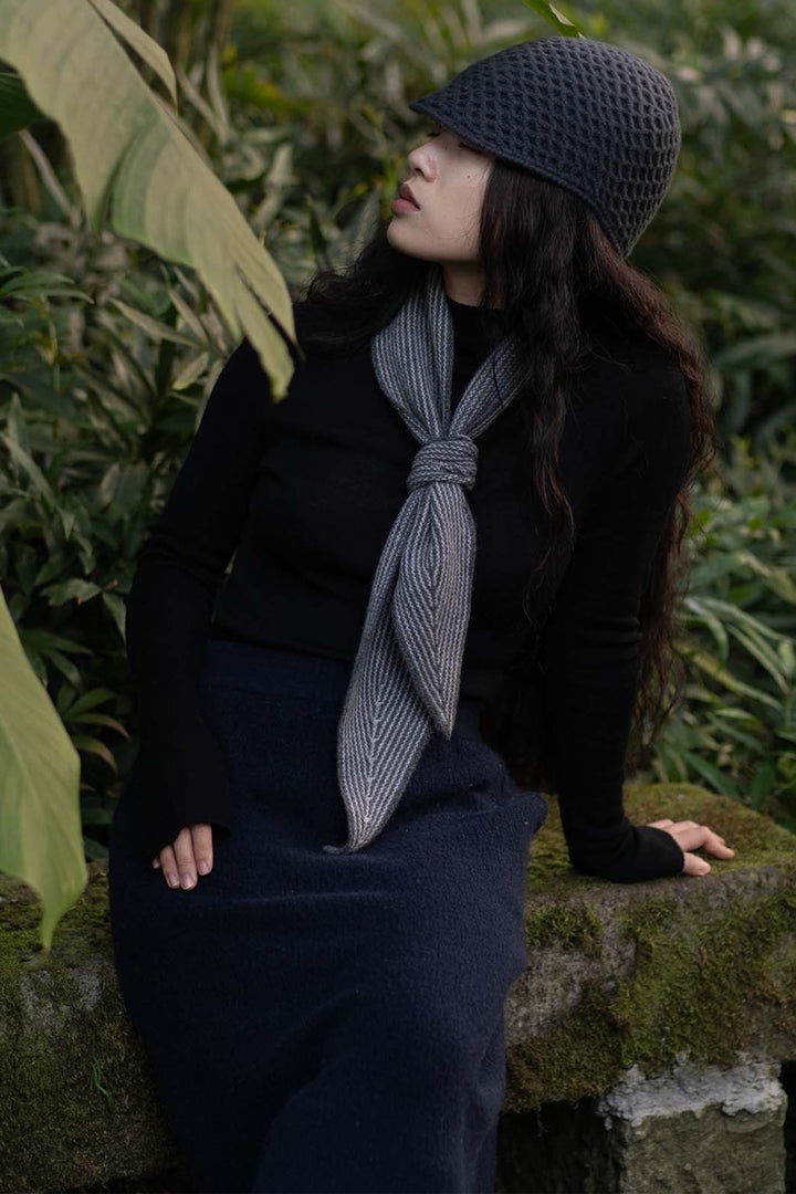 Oats &amp; Rice Sailor Grey Cashmere Scarf OR25-NS03, styled outdoors
