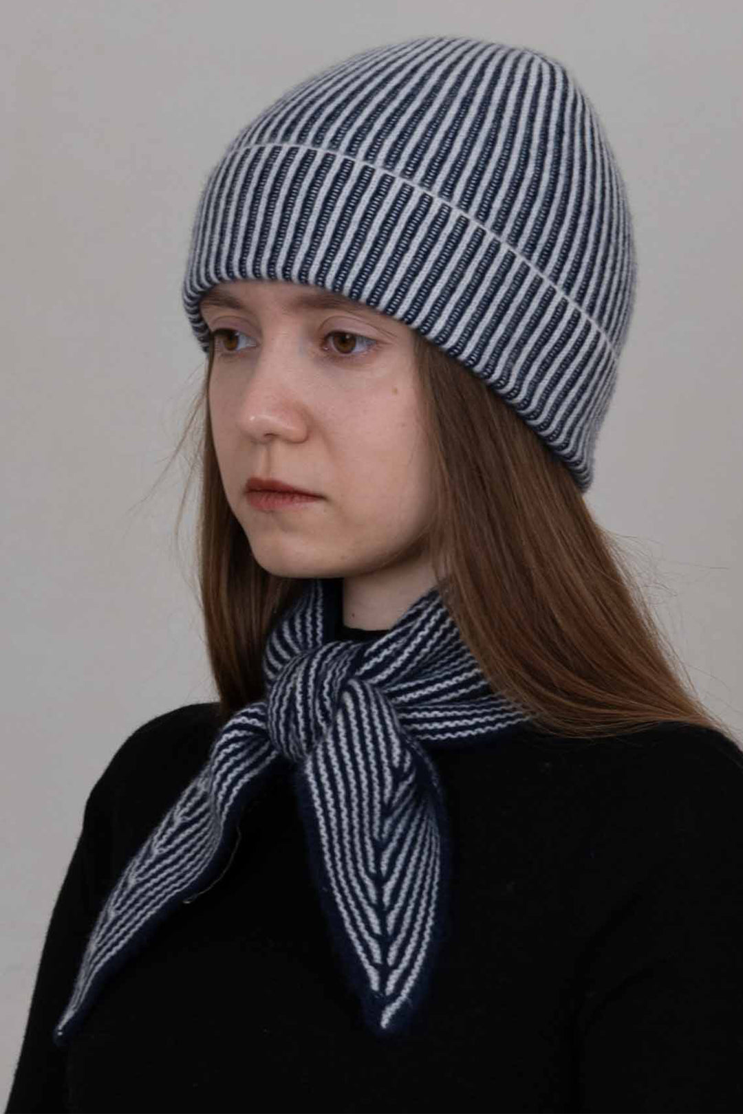 Oats &amp; Rice Sailor Navy Cashmere Scarf OR25-NS03, worn, front view