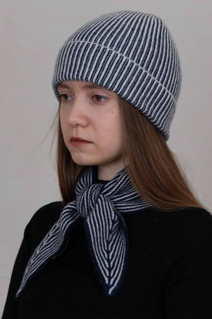 Oats &amp; Rice Sailor Navy Cashmere Scarf OR25-NS03, worn, front view