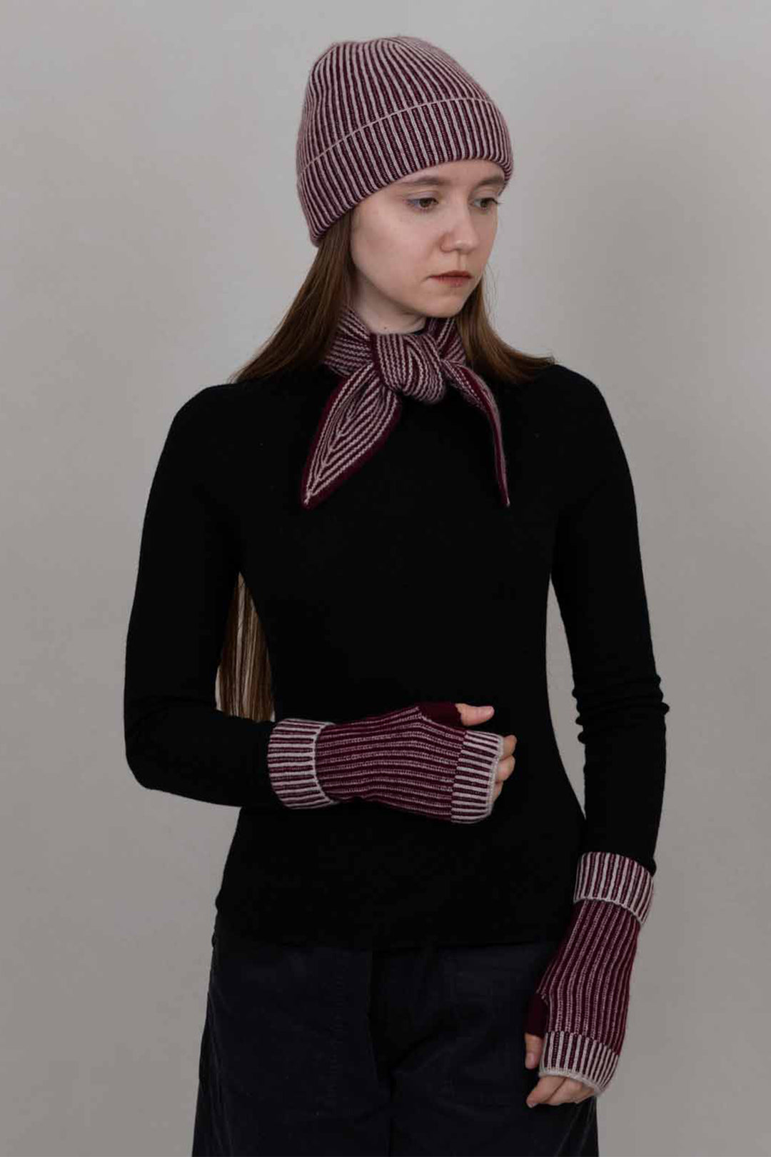 Oats &amp; Rice Sailor Wine Red Cashmere Scarf OR25-NS03, worn, front view