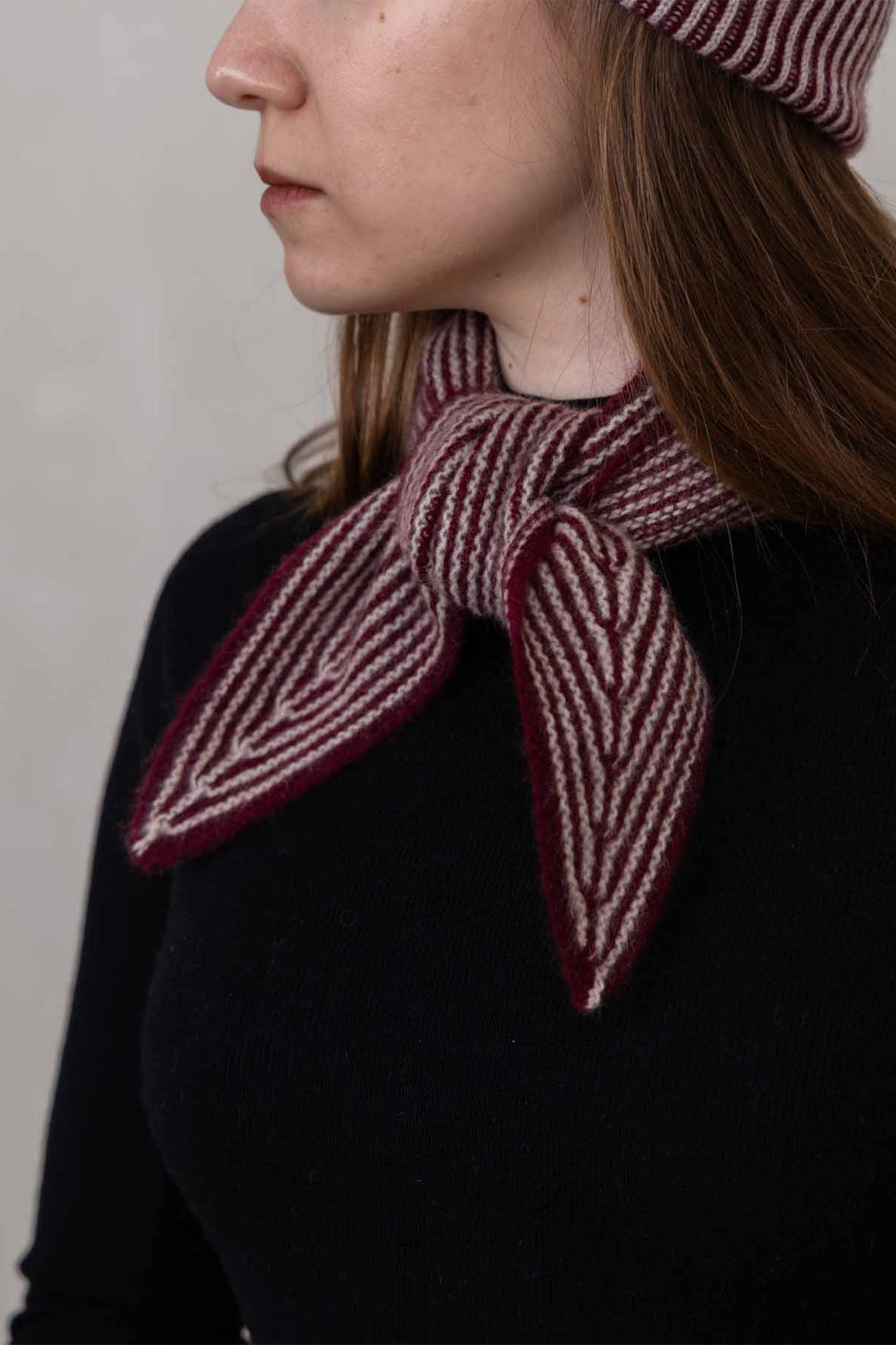 Oats &amp; Rice Sailor Wine Red Cashmere Scarf OR25-NS03, worn, side view