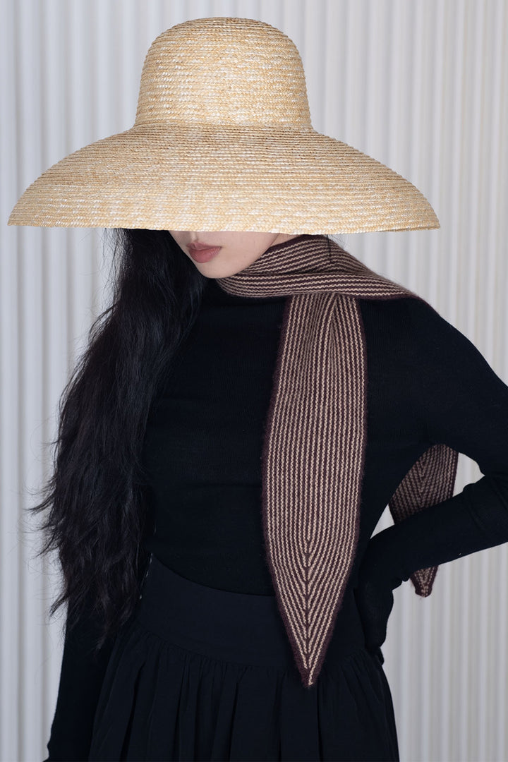 Oats &amp; Rice Sailor Wine Red Cashmere Scarf OR25-NS03, worn with a straw hat