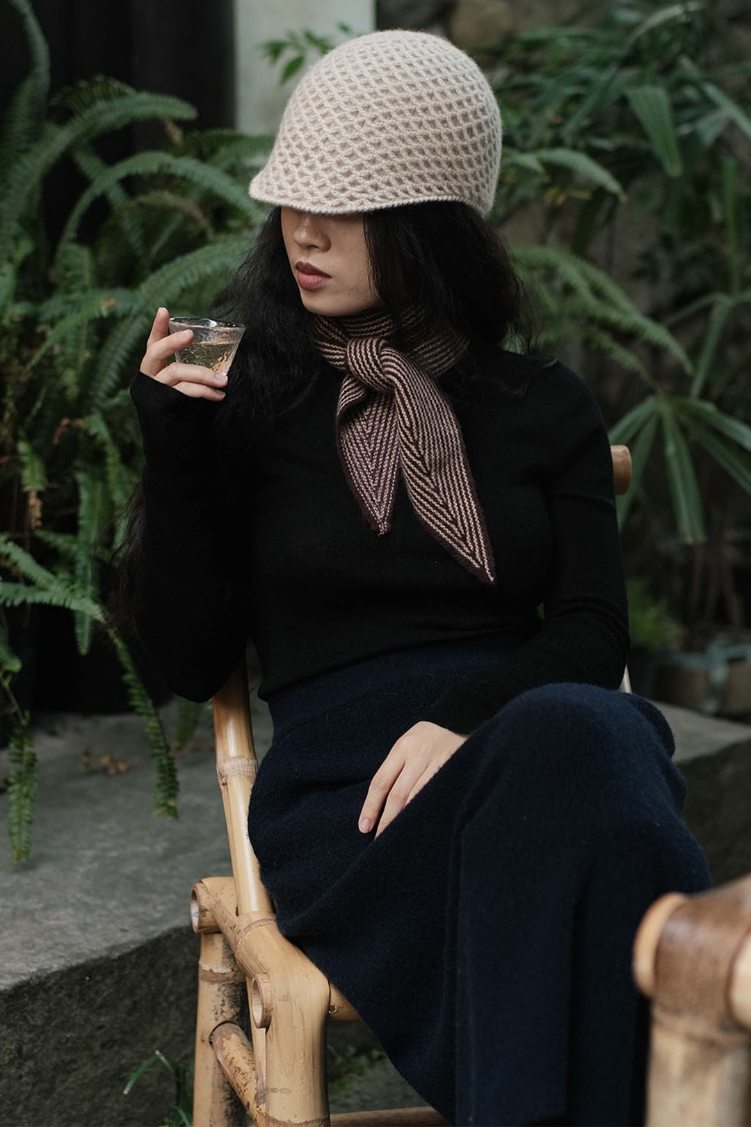 Oats &amp; Rice Sailor Wine Red Cashmere Scarf OR25-NS03, styled, seated