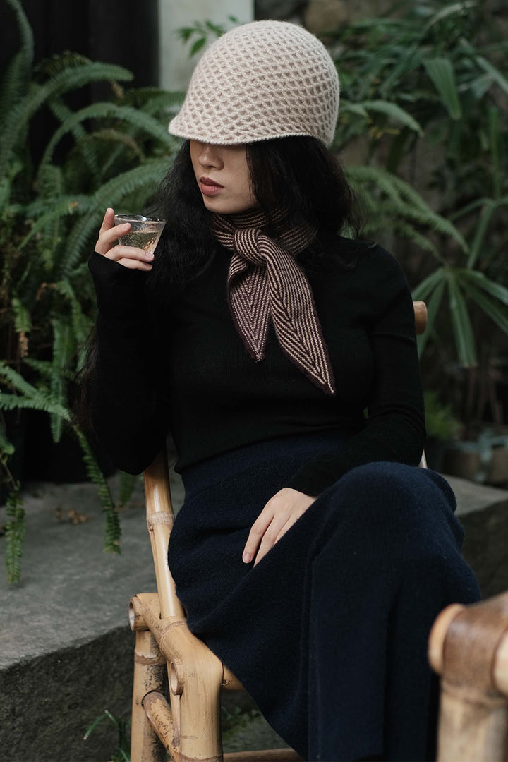 Oats &amp; Rice Sailor Wine Red Cashmere Scarf OR25-NS03, styled, seated