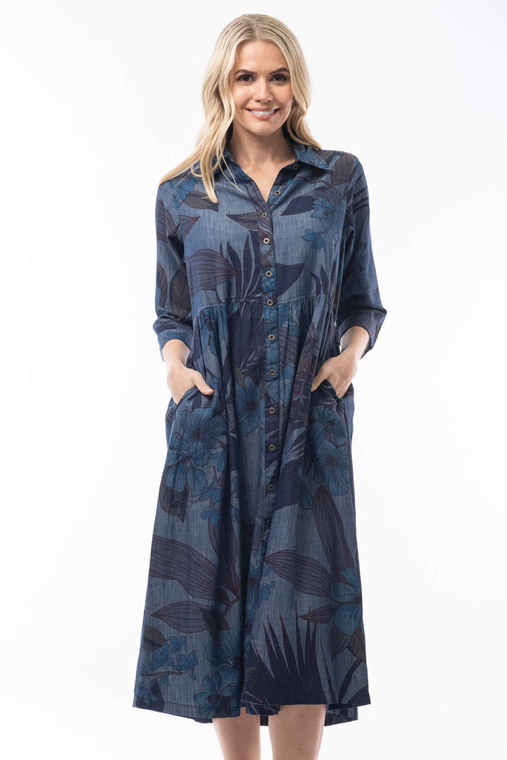 Orentique 21018 Navy Aurora Print Collared Shirt Dress - Shirley Allum Boutique