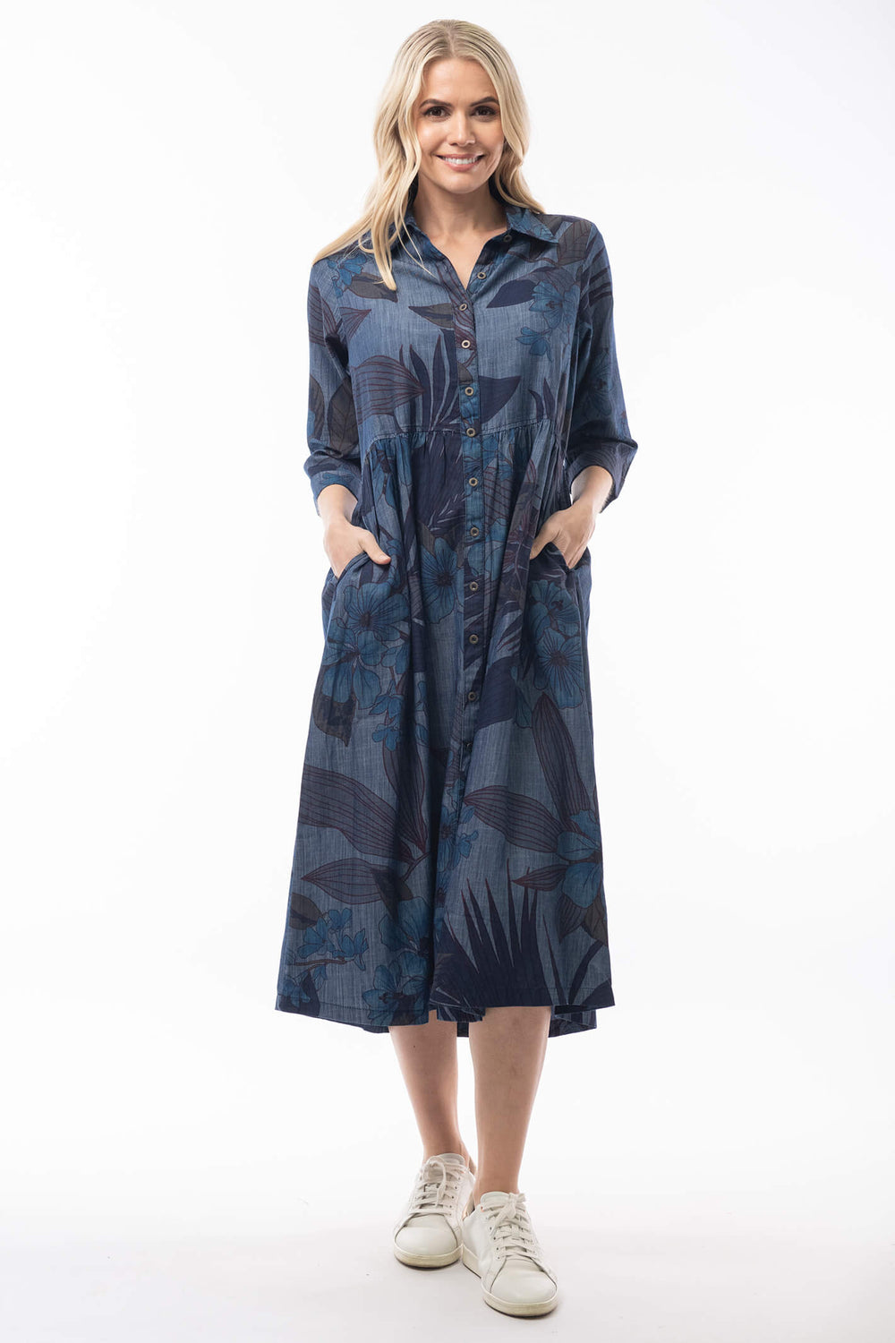Orentique 21018 Navy Aurora Print Collared Shirt Dress - Shirley Allum Boutique