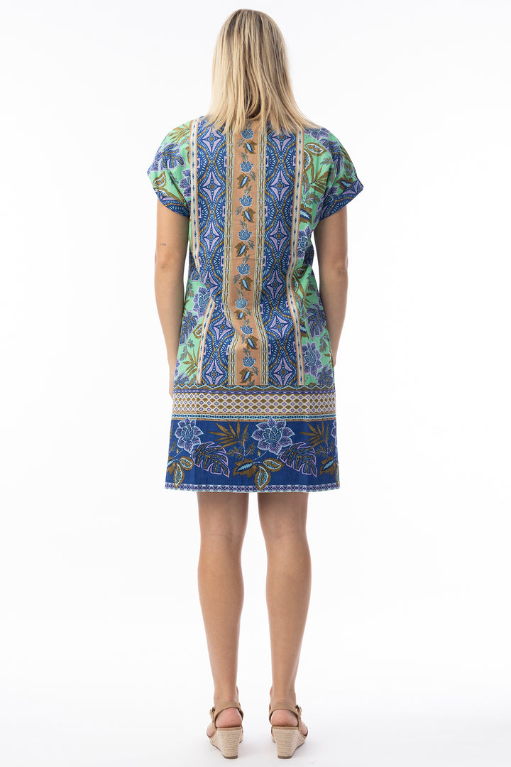 Orientique 20120 Blue Las Cuevas Print Reversible Short Sleeve Dress