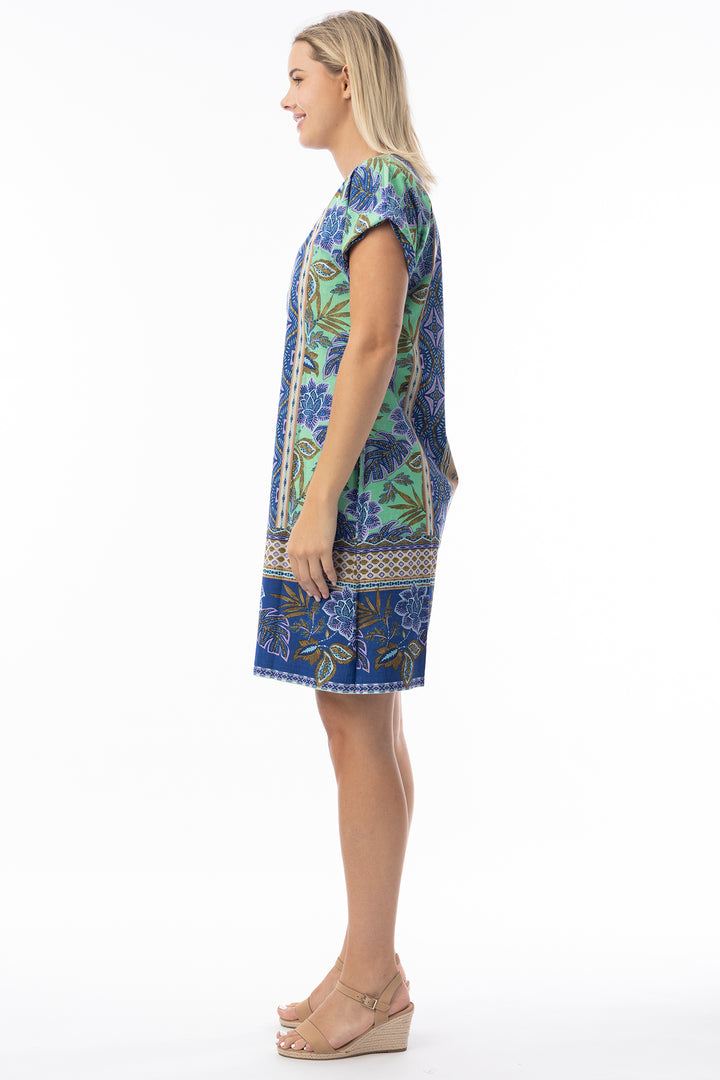 Orientique 20120 Blue Las Cuevas Print Reversible Short Sleeve Dress
