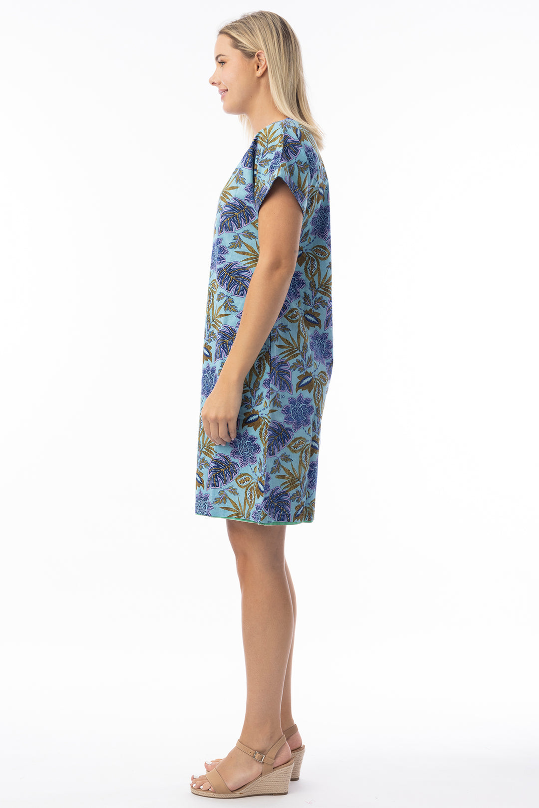 Orientique 20120 Blue Las Cuevas Print Reversible Short Sleeve Dress