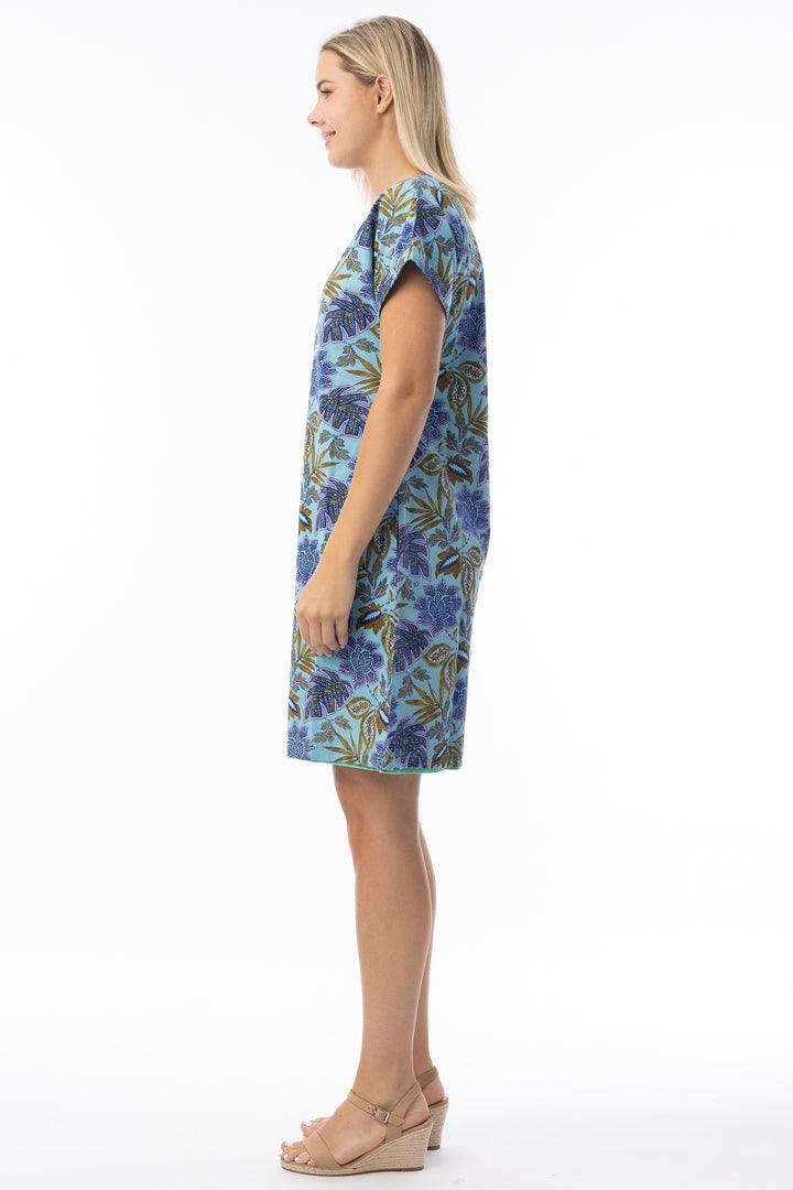 Orientique 20120 Blue Las Cuevas Print Reversible Short Sleeve Dress