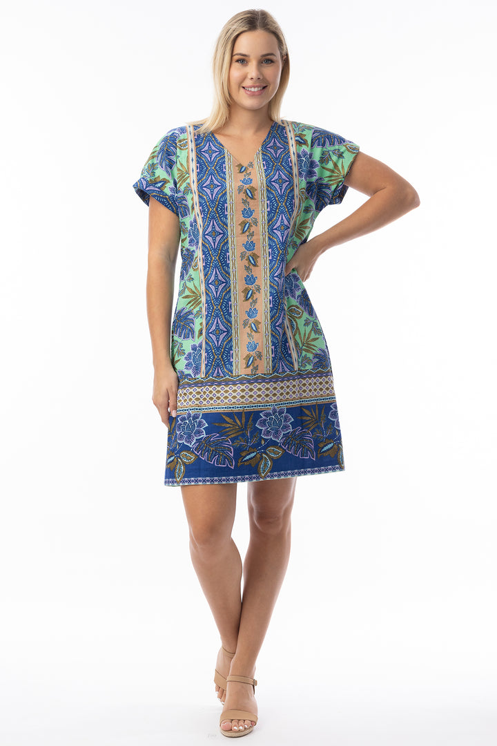 Orientique 20120 Blue Las Cuevas Print Reversible Short Sleeve Dress