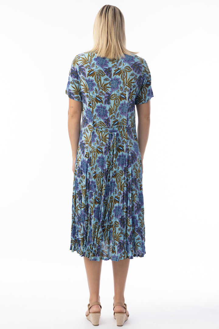 Orientique 20123 Blue Las Cuevas Print Short Sleeve Godet Dress