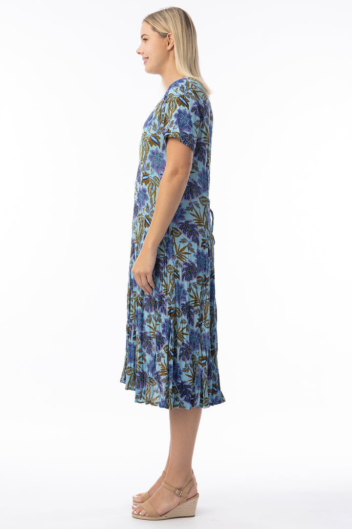 Orientique 20123 Blue Las Cuevas Print Short Sleeve Godet Dress