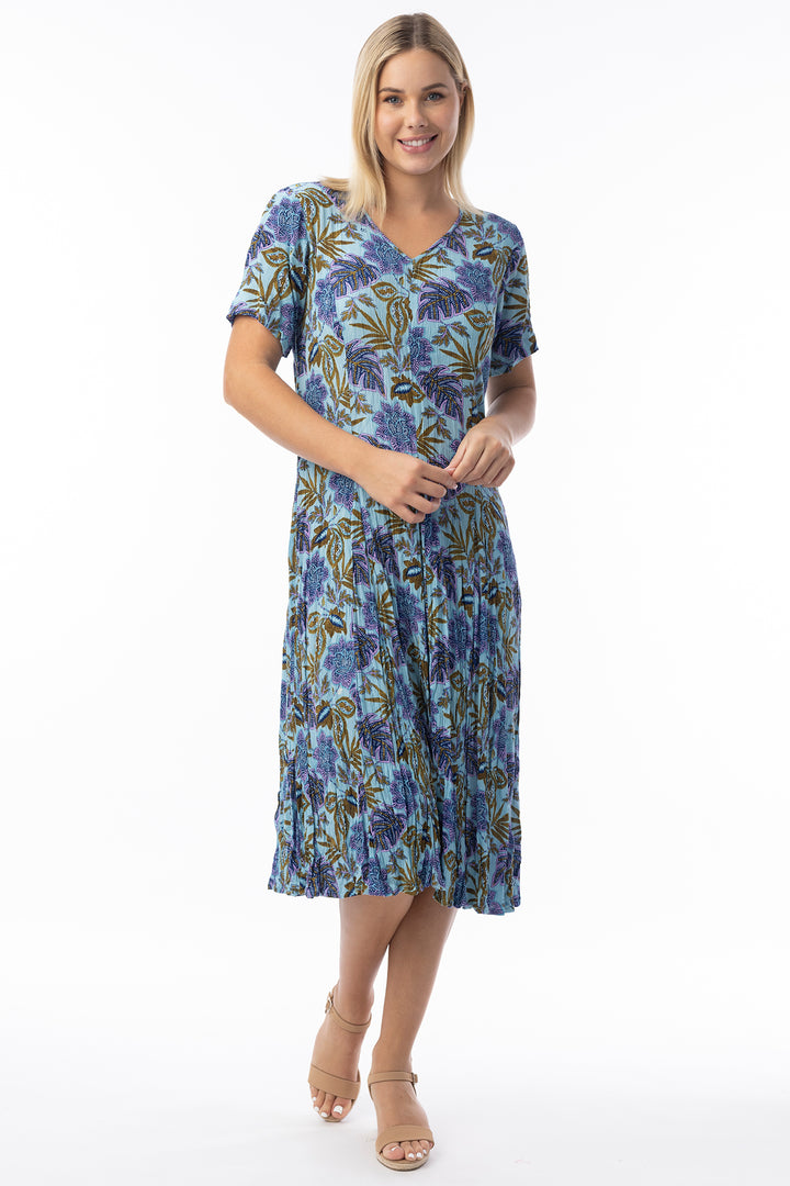 Orientique 20123 Blue Las Cuevas Print Short Sleeve Godet Dress