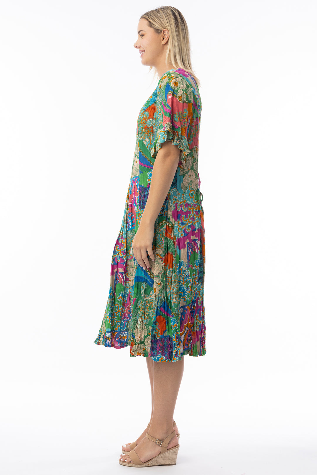 Orientique 20133 Green Santa Cruz Print Godet Dress