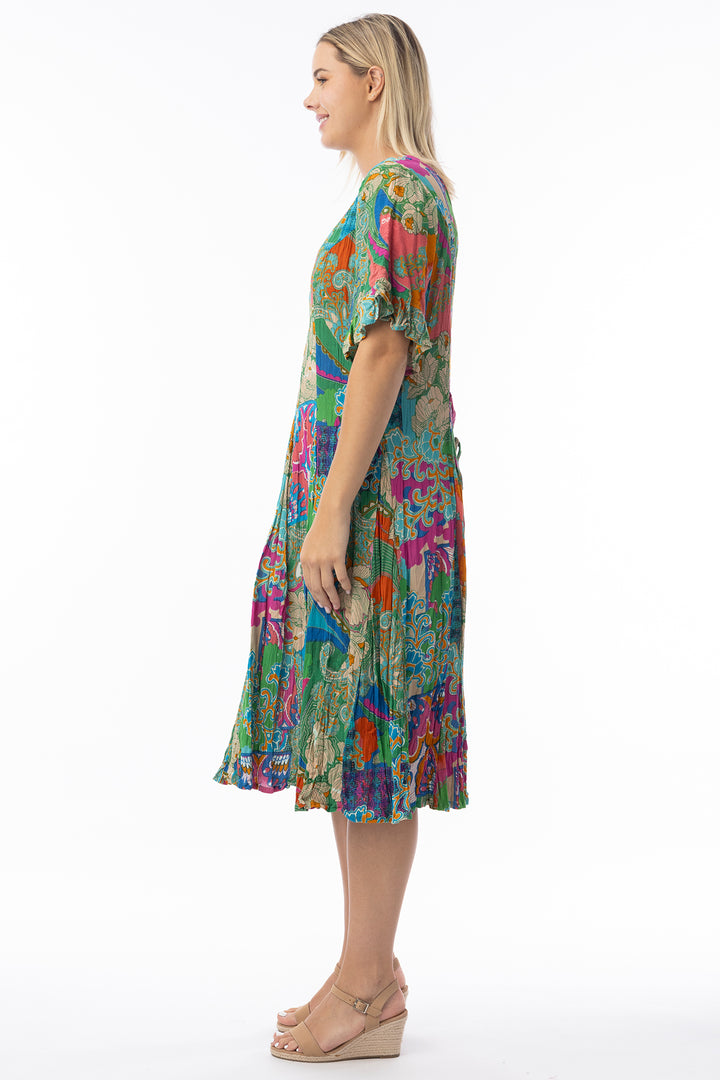 Orientique 20133 Green Santa Cruz Print Godet Dress