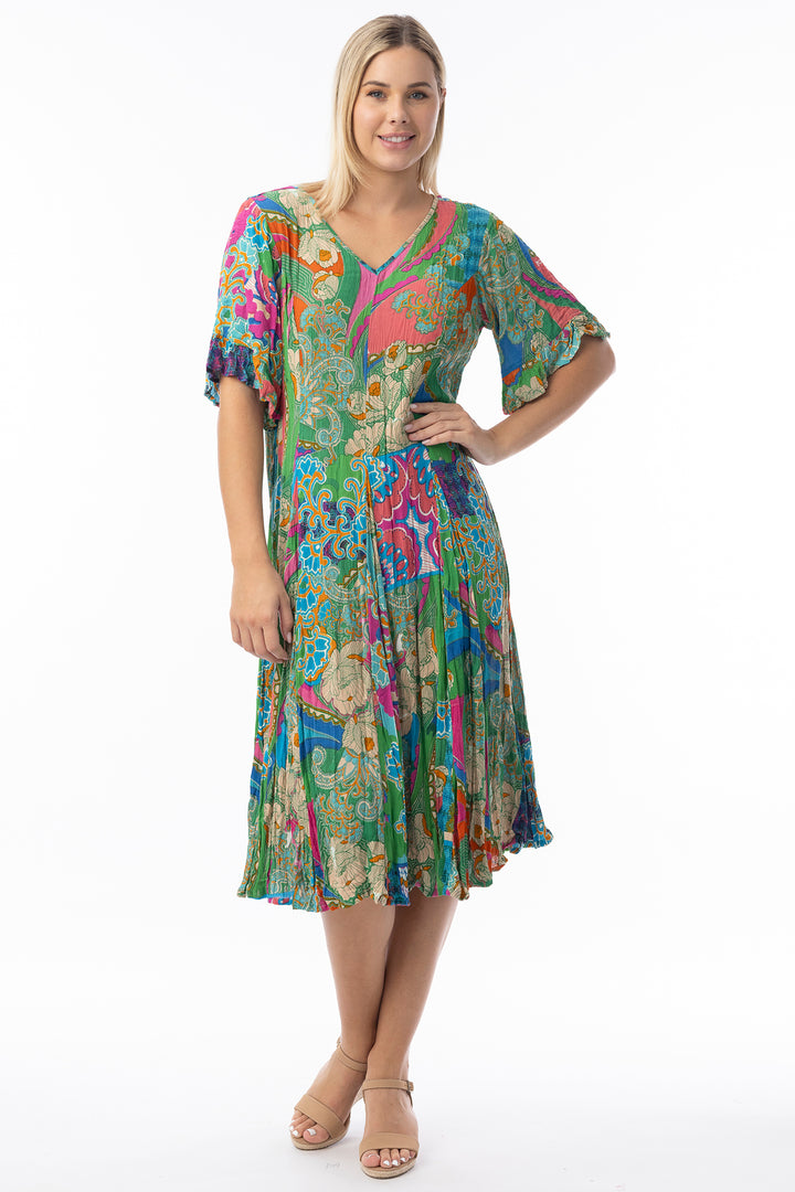 Orientique 20133 Green Santa Cruz Print Godet Dress