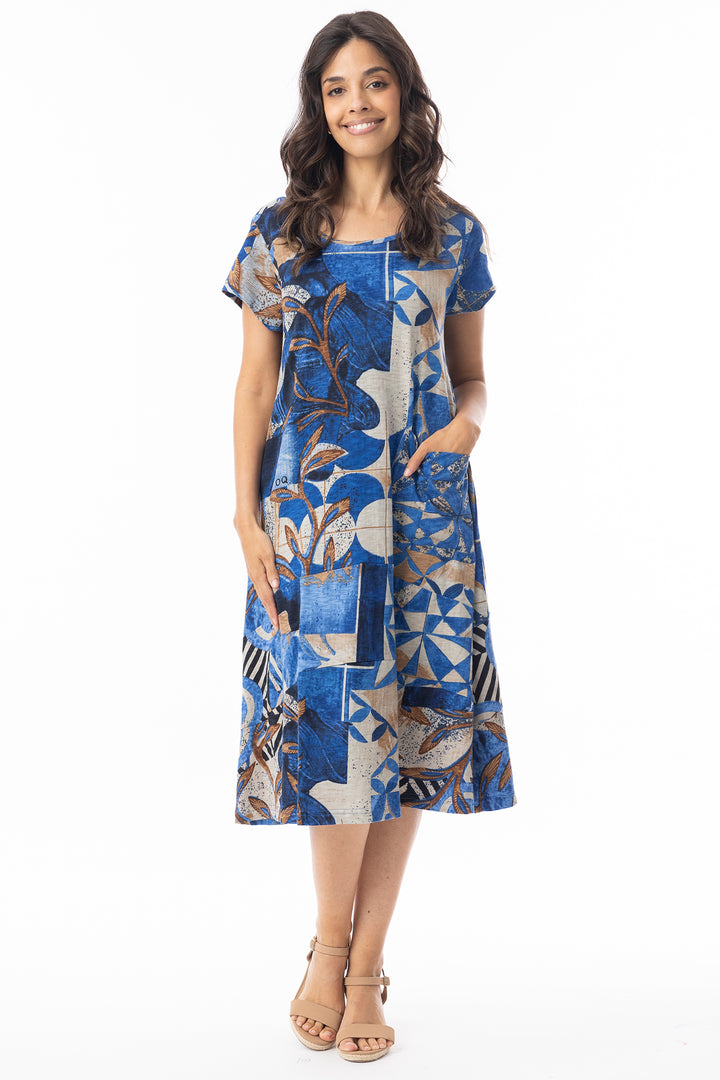 Orientique 20147 Blue Wyndham Print Flair Shift Dress