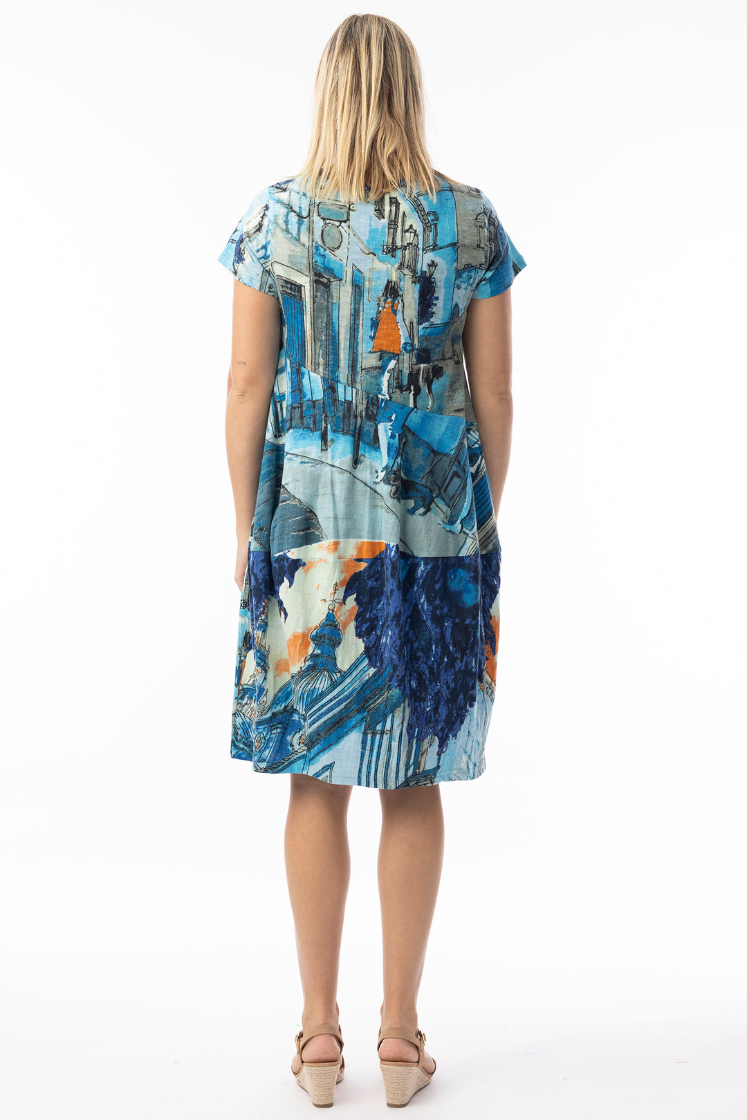 Orientique 20151TB Blue Tower Print Short Sleeve Cotton Bubble Dress