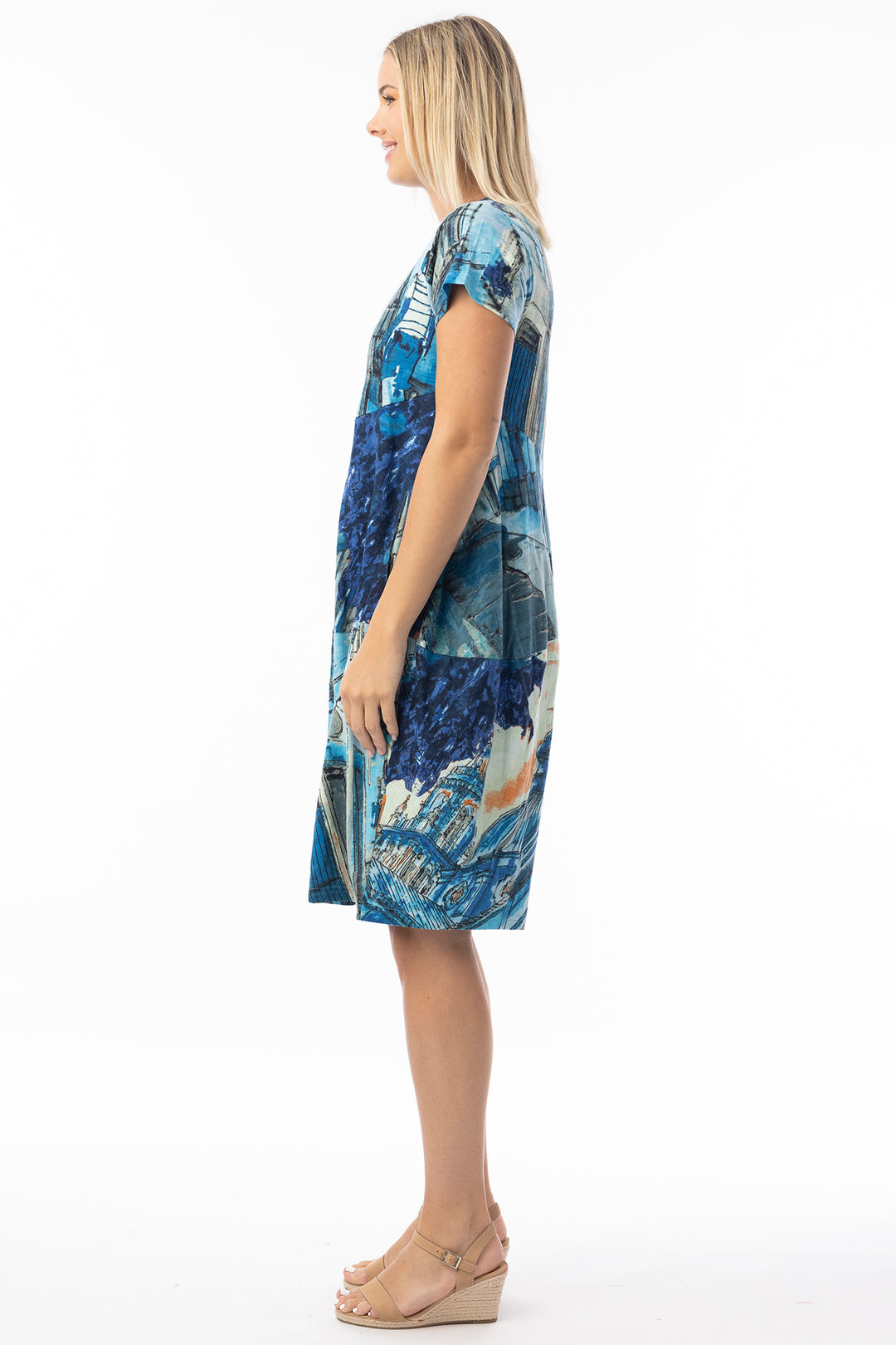 Orientique 20151TB Blue Tower Print Short Sleeve Cotton Bubble Dress