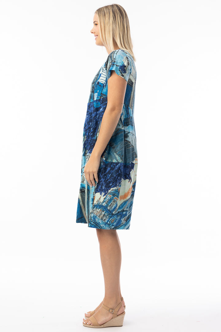 Orientique 20151TB Blue Tower Print Short Sleeve Cotton Bubble Dress