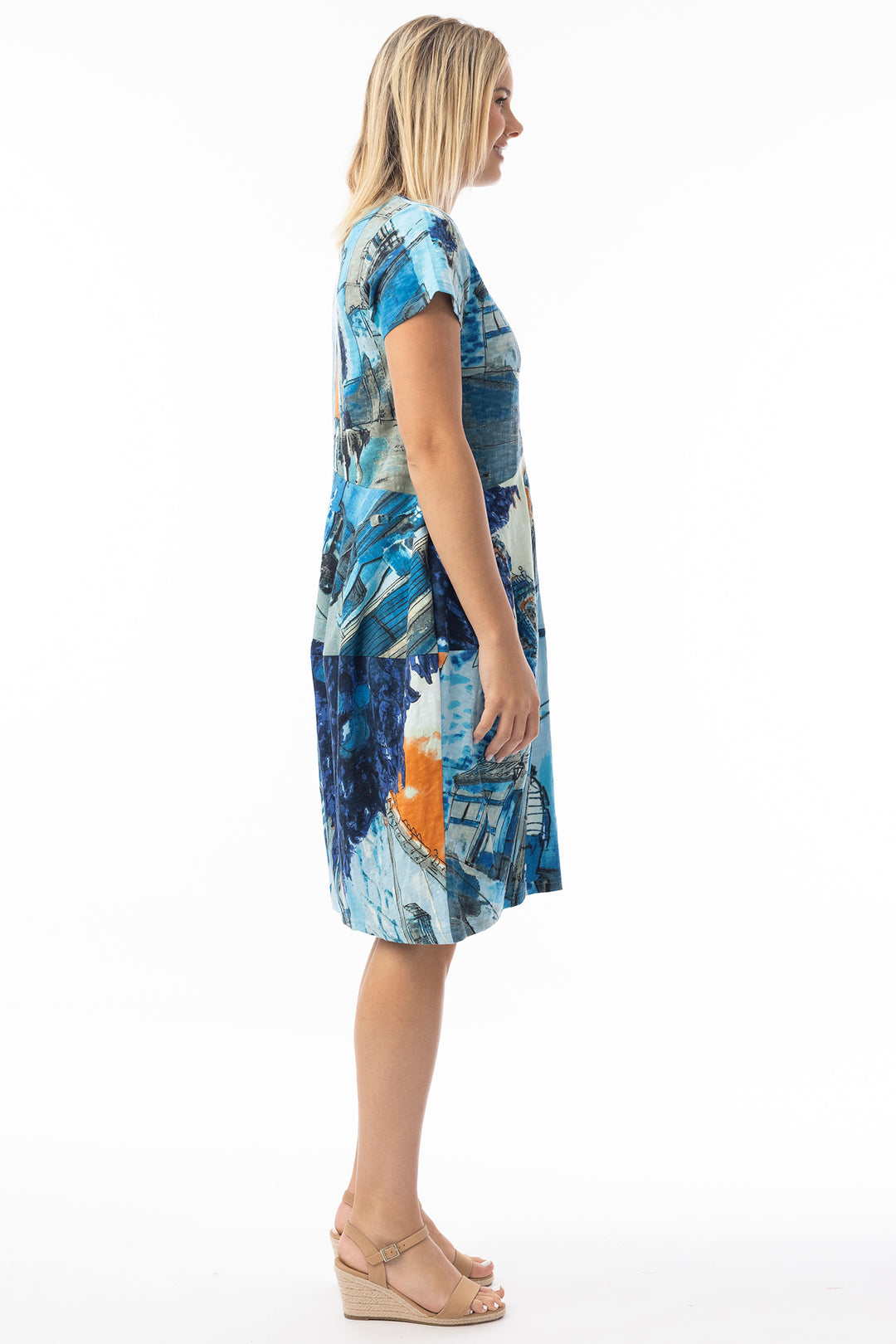 Orientique 20151TB Blue Tower Print Short Sleeve Cotton Bubble Dress