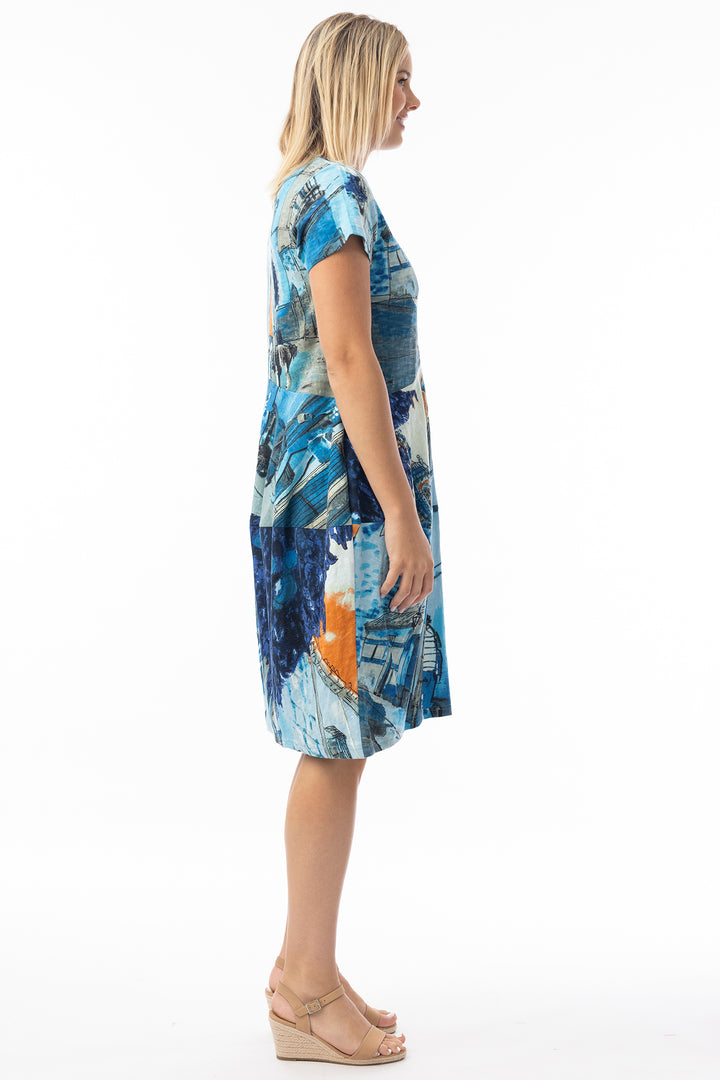 Orientique 20151TB Blue Tower Print Short Sleeve Cotton Bubble Dress