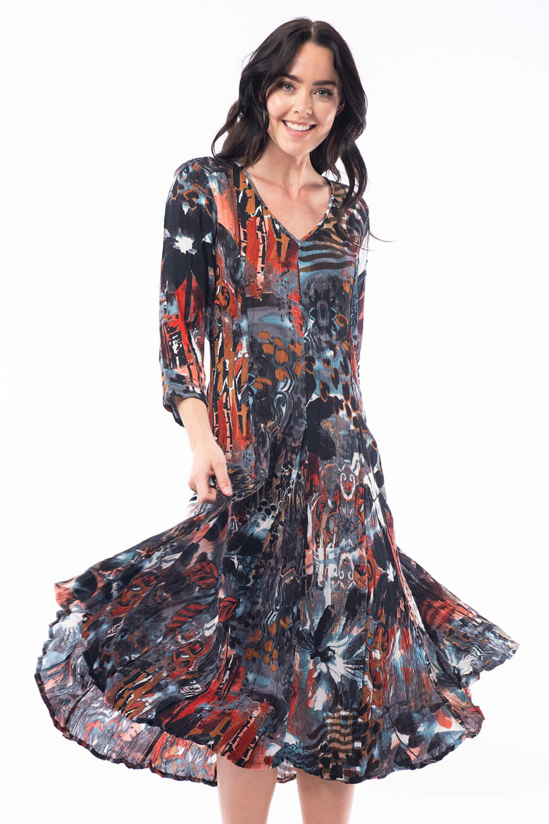 Orientique 21000 Blue Poseidon Print 34 Sleeve V-Neck Dress - Shirley Allum Boutique