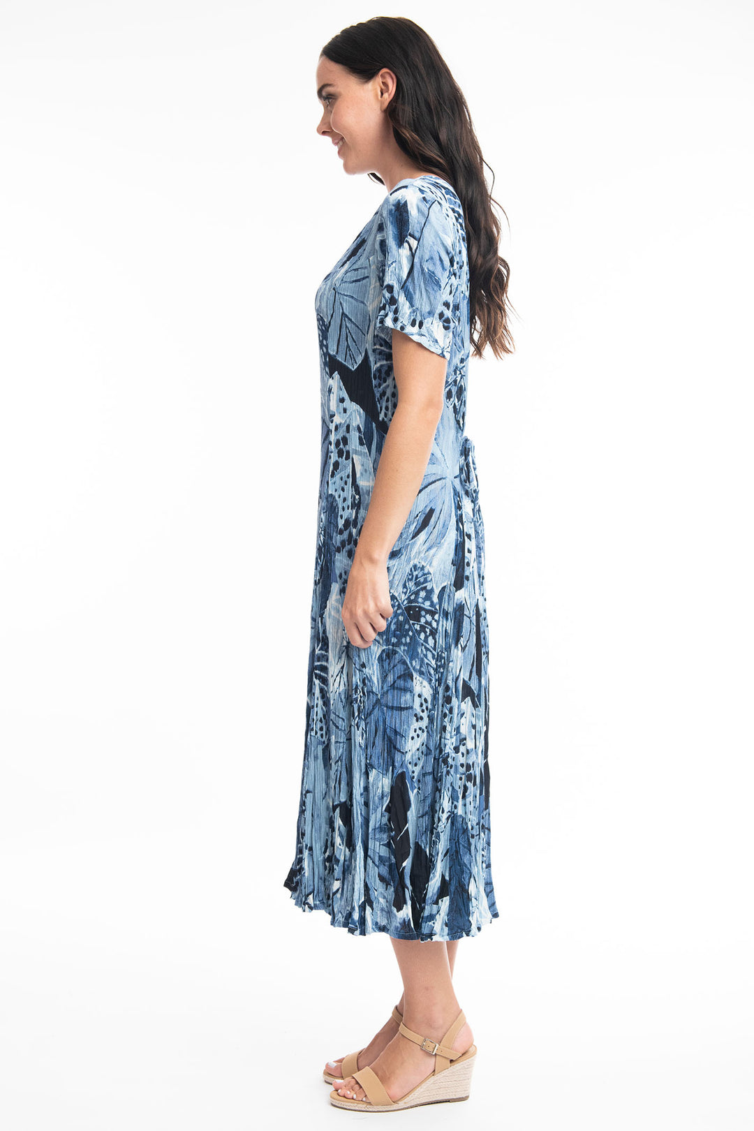 Orientique 21060 Agios Blue Leaf Print Short Sleeve Godet Dress - Shirley Allum Boutique