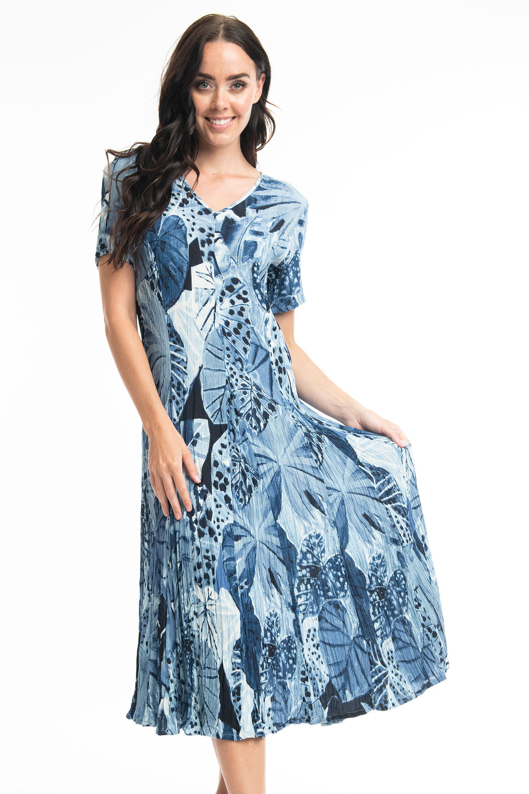 Orientique 21060 Agios Blue Leaf Print Short Sleeve Godet Dress - Shirley Allum Boutique