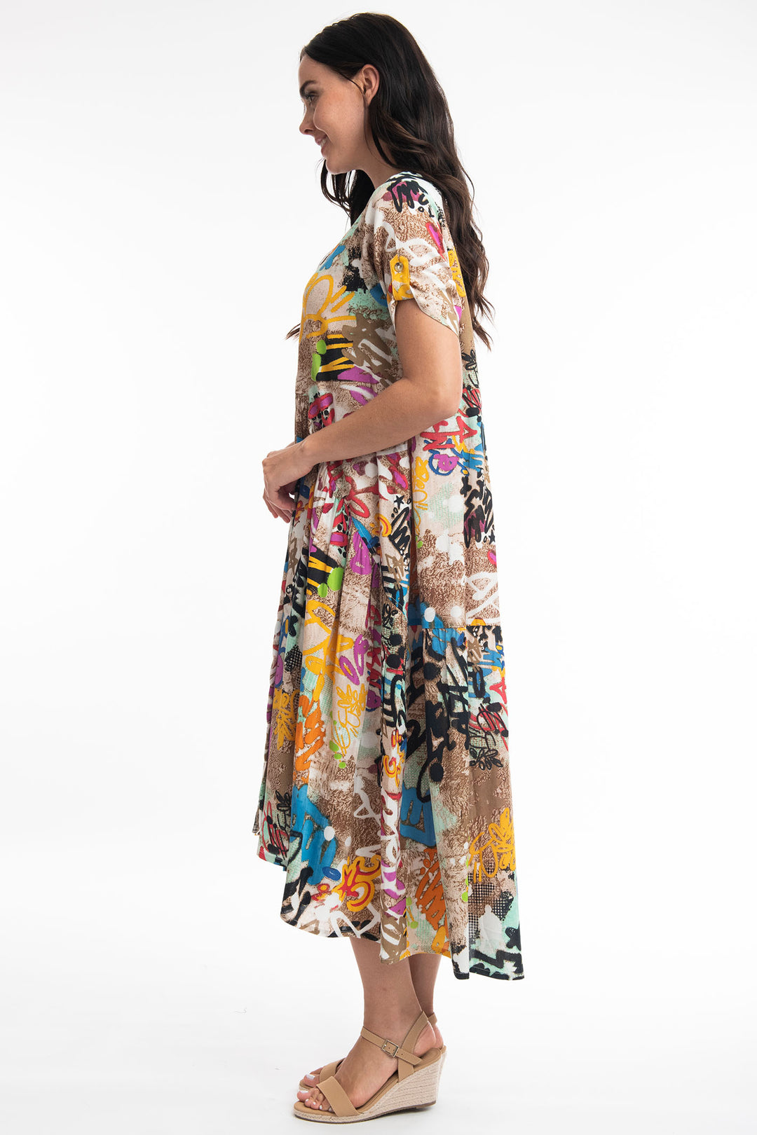 Orientique 21071 Rineia Multicolour Print Hi-Lo Short Sleeve Dress - Shirley Allum Boutique