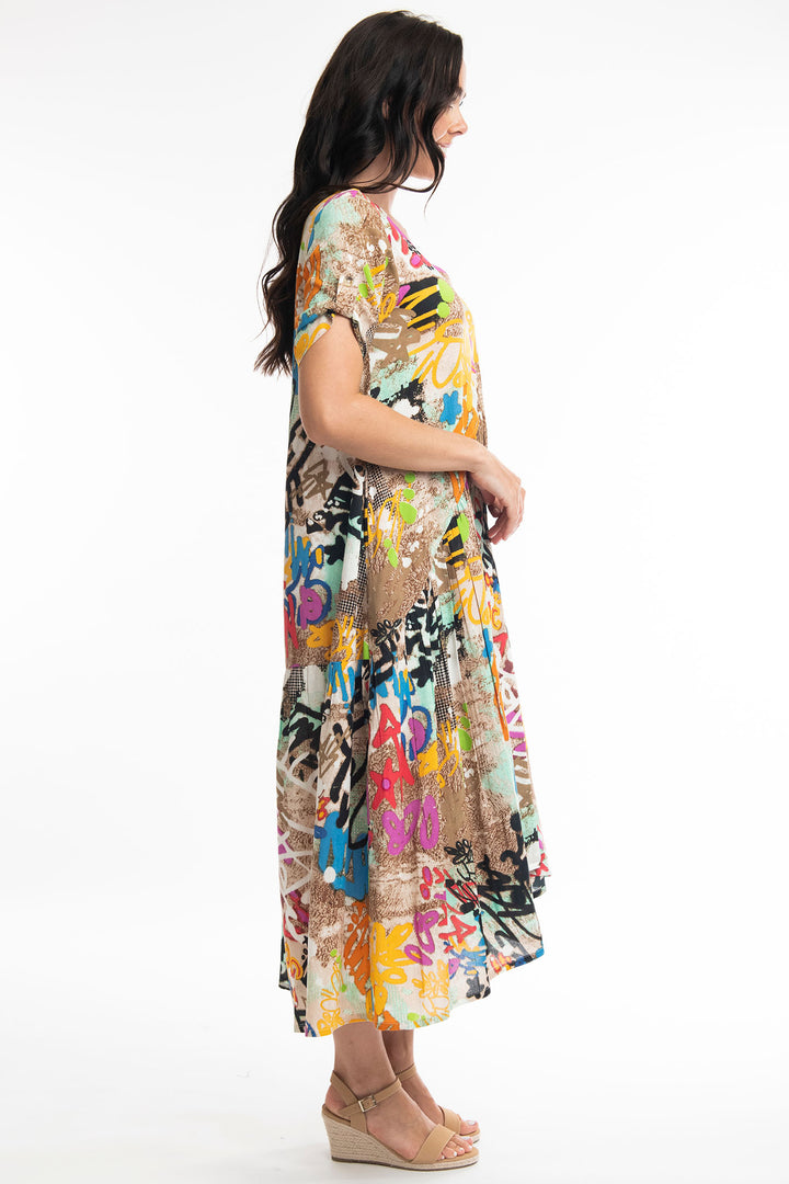 Orientique 21071 Rineia Multicolour Print Hi-Lo Short Sleeve Dress - Shirley Allum Boutique