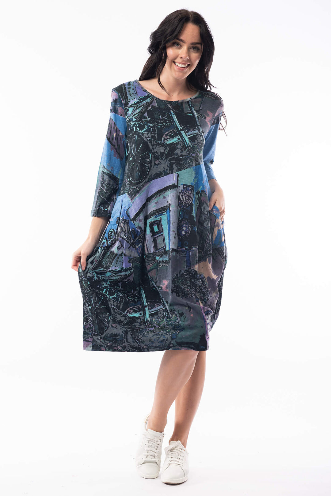 Orientique 2171 Blue Italy Print Bubble Dress - Shirley Allum Boutique