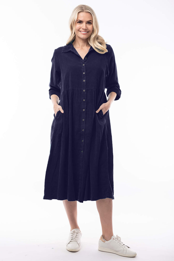Orientique 2172  Collar Navy Corduroy Shirt Dress - Shirley Allum Boutique