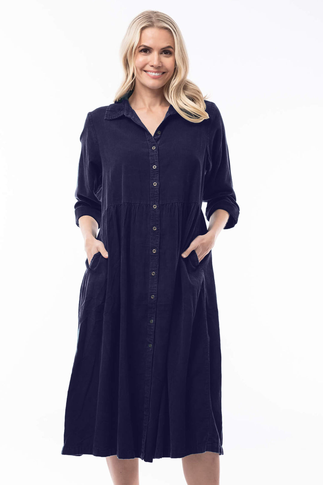 Orientique 2172  Collar Navy Corduroy Shirt Dress - Shirley Allum Boutique