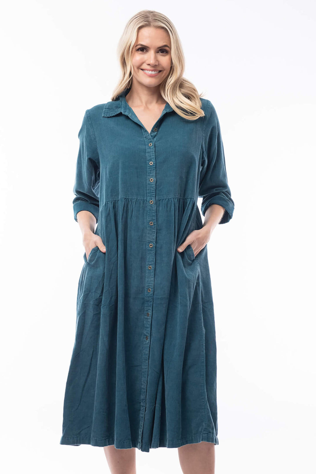 Orientique 2172 Collar Teal Corduroy Shirt Dress - Shirley Allum Boutique