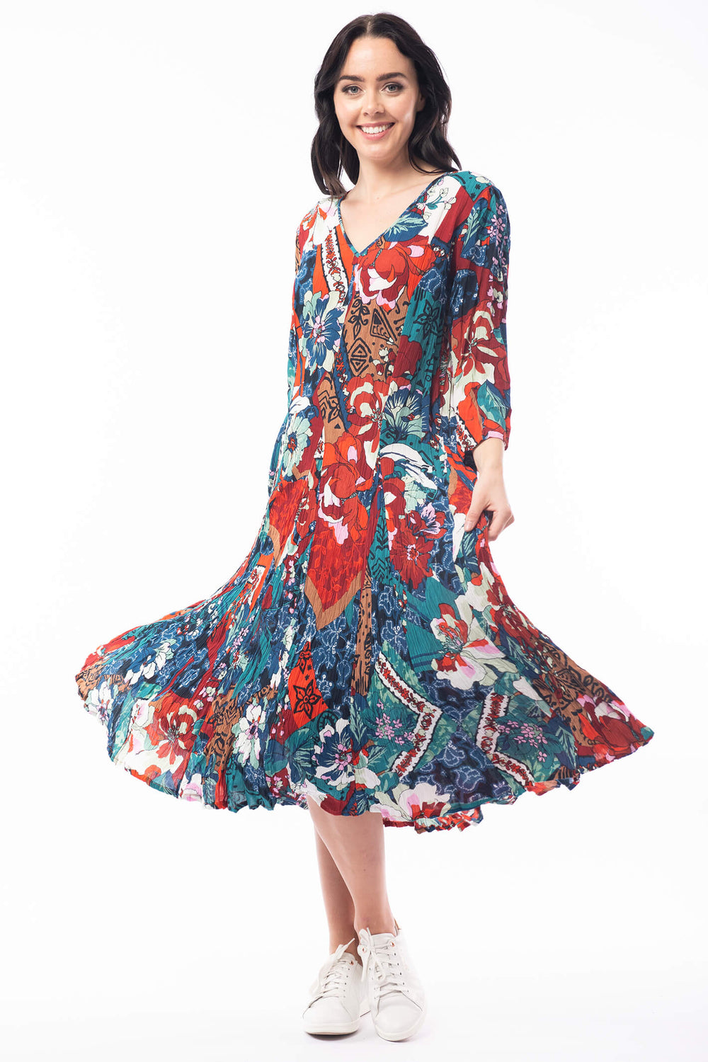 Orientique 2181 Multicolour Godet 34 Sleeve Apollo Print Dress - Shirley Allum Boutique